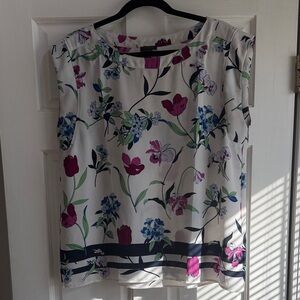 Ann Taylor Factory White Floral Cap-Sleeve Blouse with Pink & Blue Flowers